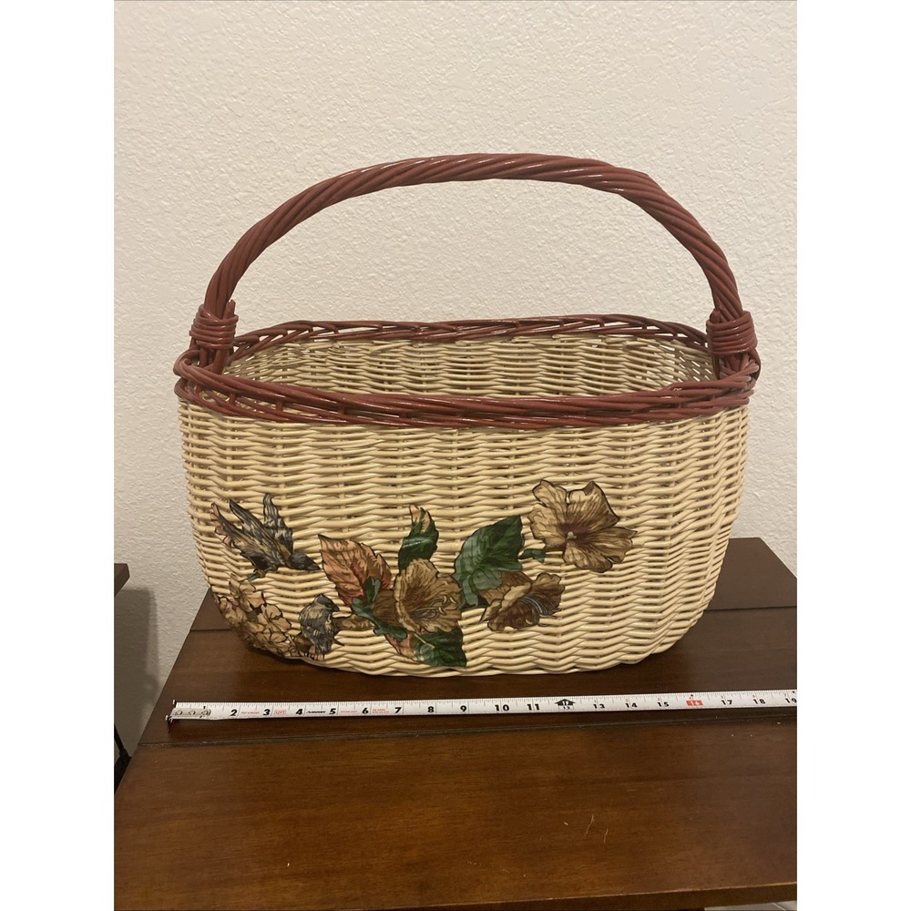 Vintage Woven Wicker Rattan Basket Featuring Prominent Floral And Bird Designs